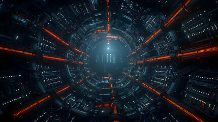 Poster - Futuristic Digital Tunnel With Blue And Orange Lights Creating Abstract Network Interior