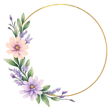 A watercolor illustration of lavender flowers and greenery framing a circular golden border