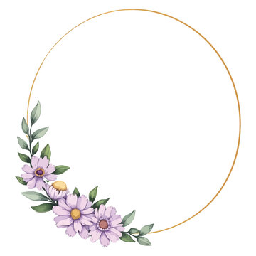 a watercolor illustration of lavender flowers and greenery framing a circular golden border