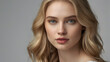© Lumaverse - a woman with long, flowing blonde hair looks directly at the camera with a serious expression. Her piercing blue eyes and flawless skin create a captivating image.