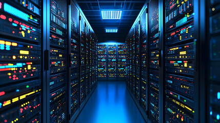 Poster - Blue Lit Server Racks In Data Center Technology Environment
