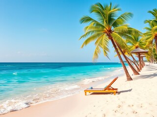 tropical beach scene with lush palm trees, soft sand, and clear blue ocean under bright sun