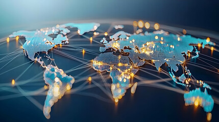 Poster - Abstract Digital World Map With Glowing Network Connections on a Dark Background