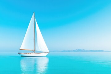 lone sailboat drifts on tranquil waters under bright blue sky with distant mountains on horizon