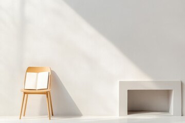 Poster - minimalist shot of open journal on chair beside sleek modern fireplace clean and organized layout providing space for