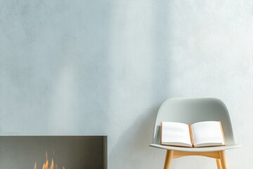 Poster - minimalist shot of open journal on chair beside sleek modern fireplace clean and organized layout providing space for