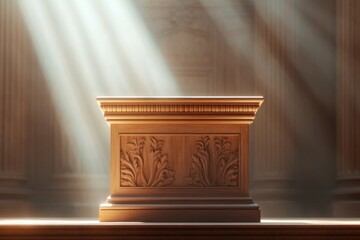 Poster - podium with rich wooden textures and detailed carvings softly illuminated in studio setting with ample copy space