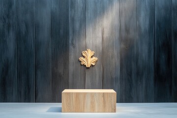 Poster - podium with rich wooden textures and detailed carvings softly illuminated in studio setting with ample copy space