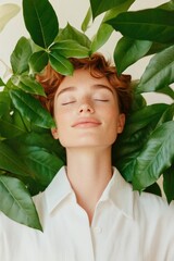 Poster - serene portrait of person surrounded by greenery with soft diffused light creating calming atmosphere emphasizing eco-friendliness