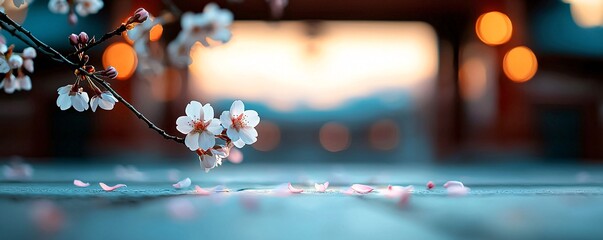 Poster - time-lapse fusion of an ancient temple surrounded by cherry blossoms, petals gradually falling throu