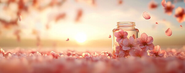 Poster - time-lapse fusion of an ancient temple surrounded by cherry blossoms, petals gradually falling throu