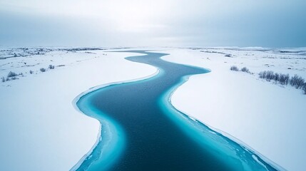 Poster - time-lapse fusion of an icy glacier melting into a flowing river, showcasing climate change effects, contrast between frozen blue ice and rushing water, dramatic environmental storytelling, National
