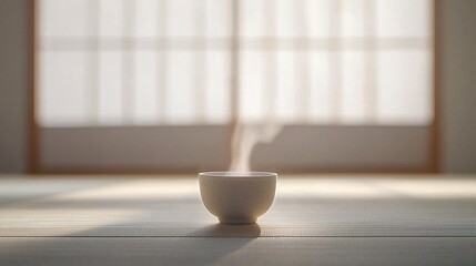 Poster - time-lapse fusion of a traditional Japanese tea ceremony, hands gracefully preparing matcha, steam rising from the cup, light shifting through paper screens, cultural elegance and tranquility, Zen