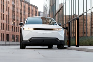 Poster - electric car-sharing vehicle charging at sleek urban station framed by reflective glass buildings an