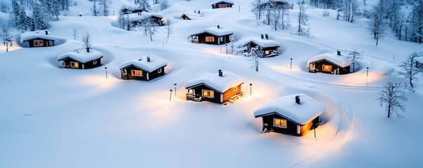 Poster - time-lapse fusion of a snowy mountain village, rooftops gradually covered in fresh snowfall, lanterns glowing warmly in the evening, peaceful winter wonderland, National Geographic-style photography,