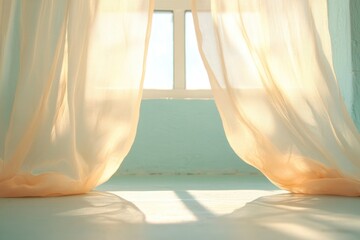 Poster - blowing sheer curtains framing sunlit room with soft golden light creating sense of warmth and comfort