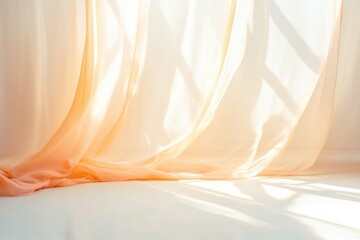 Poster - blowing sheer curtains framing sunlit room with soft golden light creating sense of warmth and comfort