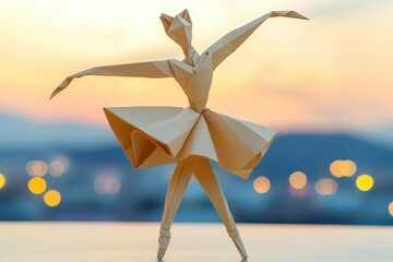 Poster - Paper crane origami figure standing on a wooden table in natural light setting