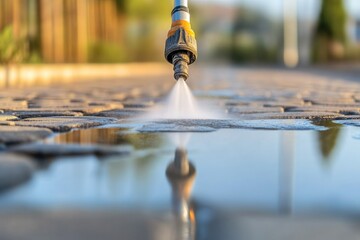 Poster - close-up of street cleaning hose spraying water on cobblestone path creating reflections with ample copy space