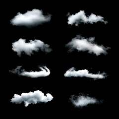 Wall Mural - set of blue clouds isolated on black background. collection of clouds.