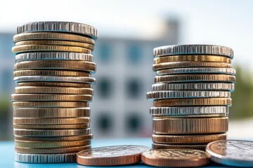 Poster - Stack of coins arranged neatly on a wooden table with a blurred background for financial concept