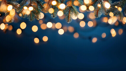 Wall Mural - Warm Christmas Lights on Fir Tree Branches with Soft Golden Bokeh Against Dark Blue Winter Background