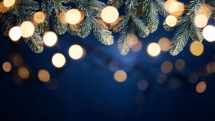 Wall Mural - Warm Christmas Lights on Fir Tree Branches with Soft Golden Bokeh Against Dark Blue Winter Background