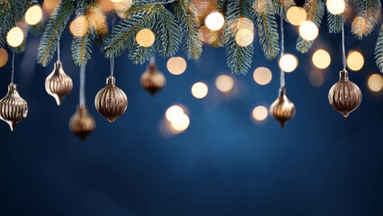 Wall Mural - Warm Christmas Lights on Fir Tree Branches with Soft Golden Bokeh Against Dark Blue Winter Background