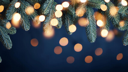 Wall Mural - Warm Christmas Lights on Fir Tree Branches with Soft Golden Bokeh Against Dark Blue Winter Background