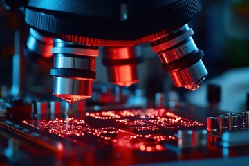 Poster - Close-up of microscope lenses over circuit board. Illustrates technological advancement & precision in electronics manufacturing.