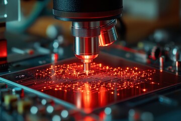 Poster - Microscope inspecting illuminated circuit board, red light highlights intricate pathways. Illustrates precision, technology, and microelectronics manufacturing.