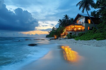 Wall Mural - Beach house at sunset, ocean waves gently lapping shore. Illustrates tranquil luxury escape, ideal for travel or real estate.