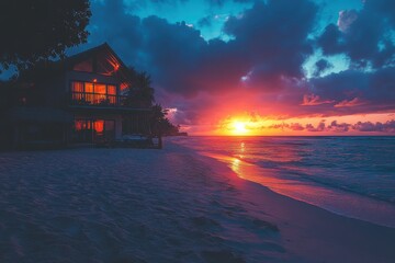 Wall Mural - Beach house at sunset, vibrant colors. Perfect for travel, vacation, or relaxation themes.