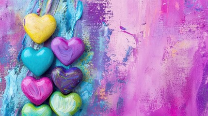 Poster - Painting of multiple colorful hearts on a soft pink background for decorative purposes