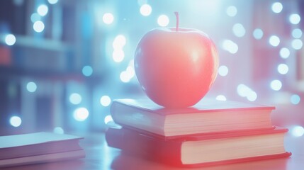 Poster - Fresh Apple on Books with Bright Blurry Background