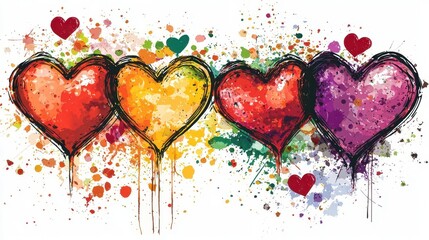 Poster - Three colorful hearts with paint splashes on a white background for creative designs and illustrations