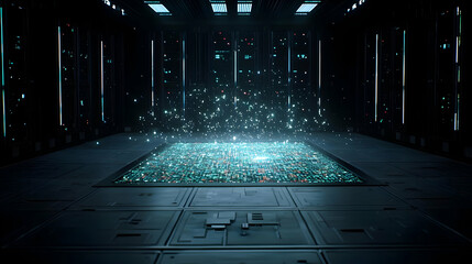 Poster - Futuristic Data Processing Center with Glowing Blue Light and Digital Information