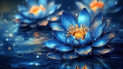 Poster - Glowing Blue Lotus Flower with Golden Center in Dark Water