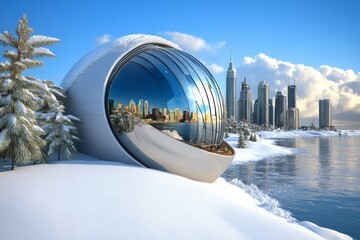 Poster - A futuristic city protected by an advanced climate shield, preventing natural disasters