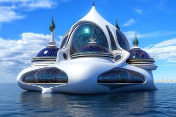 Poster - A futuristic floating city designed to combat desertification, powered by renewable energy and green technology