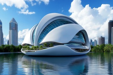 Poster - A futuristic floating peninsula city with ultra-modern skyscrapers and green energy solutions