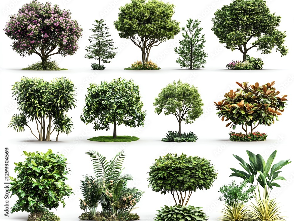 Vibrant assortment of trees and plants, including flowering shrubs and ...