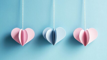 Poster - Three paper hearts hanging on a string in a soft focus background for decorative purposes