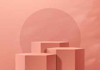 Sticker - realistic coral red 3d hexagon podium with circle frame backdrop scene. minimalist mockup pedestal, 