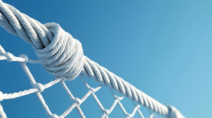 Close Up View Of White Twisted Rope With Knot Against Clear Blue Sky