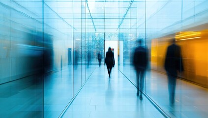 Poster - Blurred Motion of People Walking Through Modern Glass Corridor