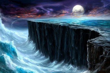 Wall Mural - A mysterious gothic peninsula with towering black cliffs, eerie fog rolling over the landscape, and a full moon casting shadows