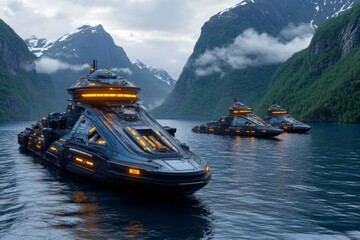 Poster - A neon-lit cyberpunk island city with floating docks, glowing towers, and futuristic sea transport