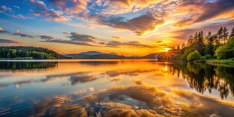 Wall Mural - Sunset over a calm lake with trees and hills in the distance, hills, nature
