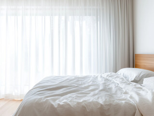 Poster - minimalist bedroom features platform bed with soft linens, creating serene and airy atmosphere. room is brightened by natural light filtering through sheer curtains